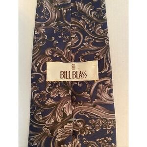 Bill Blass Mens Silk Tie Navy Blue Bronze Acanthus Leaf Scroll Baroque Made  USA